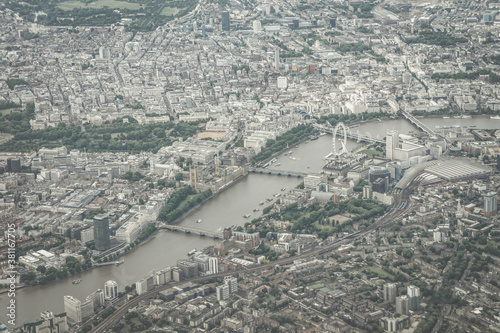 Thames river aerial view featuring Waterloo bridge, The London Eye, Westministe Bridge and Lambeth Bridge