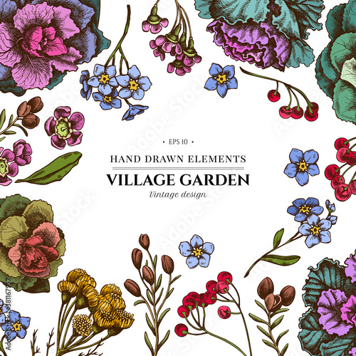Floral design with colored wax flower, forget me not flower, tansy, ardisia, brassica, decorative cabbage