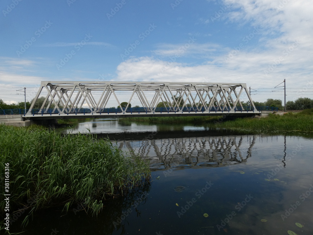 Landscape with railway bridge on Motlawa river, Gdansk, Poland