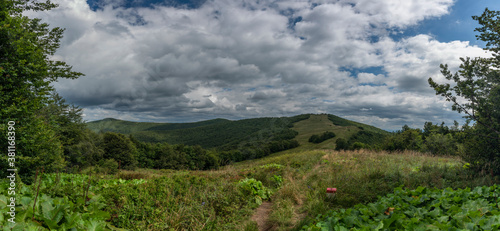 View from ridge of Poloniny national park in summer cloudy blue sky day