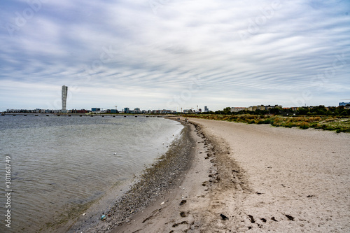 An awesome beach close to the city center of Malmo  Sweden. Blue sky and patchy clouds in the background