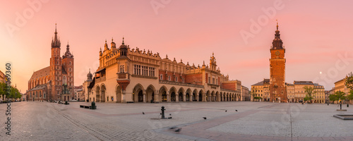 Main square (Rynek Glowny) panorama, colorful sunrise, Krakow, Poland