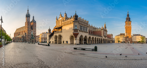 Krakow, Poland, main square panorama with Cloth Hall and St Mary's church