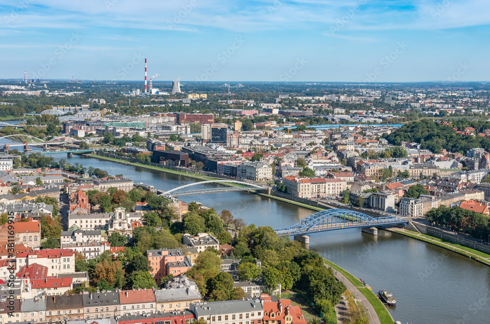 Krakow, Poland, aerial view of the Kazimierz  and Podgorze district with Vistula river