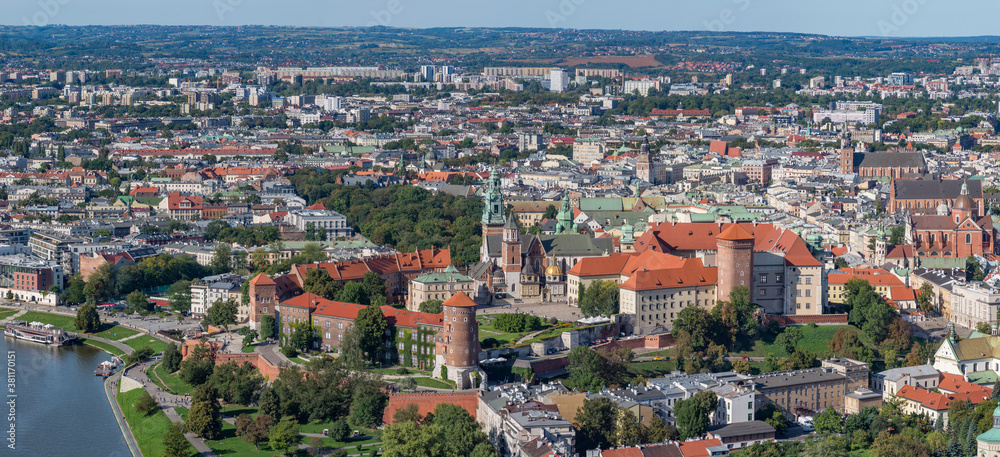 Krakow, Poland, aerial view of the Wawel Castle and Old City