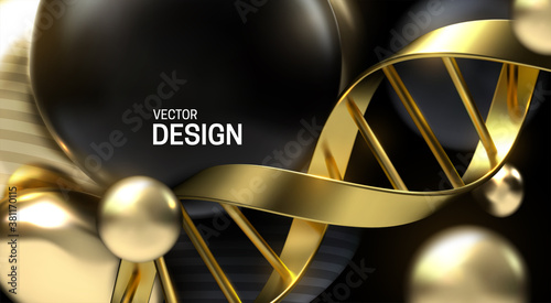 Golden DNA strand with black and gold particles. Vector 3d scientific illustration. Biotechnology or bio engineering concept. Genetic research sign.