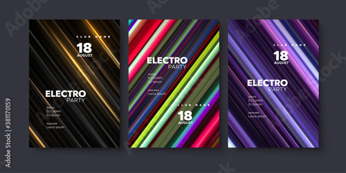 Electronic music festival ads poster set. Modern club party invitation. Vector illustration with abstract striped colorful backgrounds. Dance music event cover. Brochure template