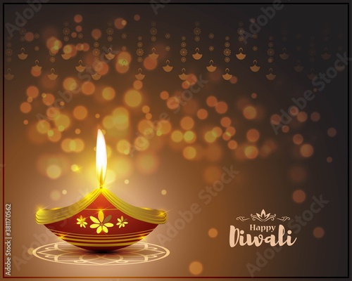 Vector greeting of Happy Diwali, Dipawali, Indian festival, festival of lights, diya lamp, oil lamp, diya danglers, patterns, colorful bokeh background, vector illustration banner, holiday wishes post