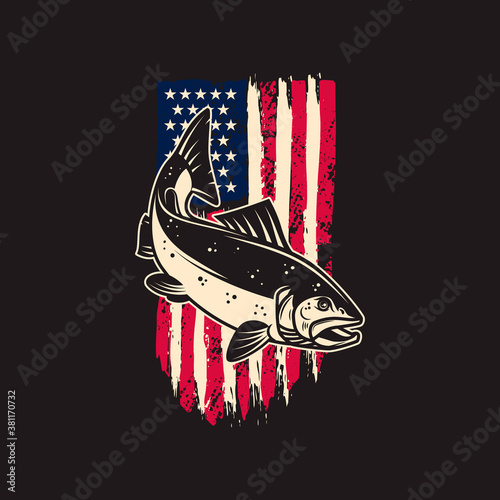 Illustration of salmon fish of background of usa flag in grunge style. Design element for poster,card, banner, sign, emblem. Vector illustration