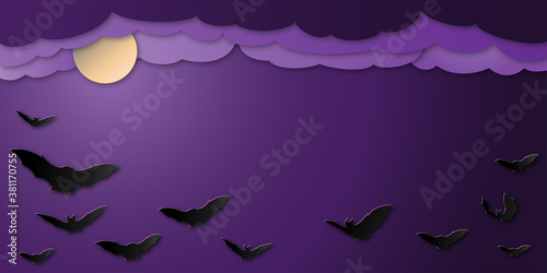 Purple Halloween banner with bats  clouds and moon - papercut  cutout