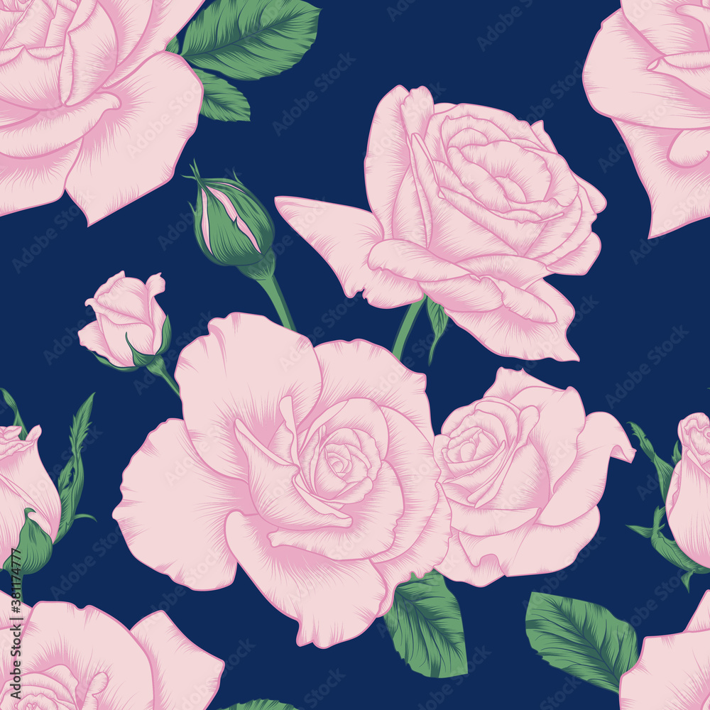 Seamless Pink Roses and Rose Buds with Green Leaves on Dark Background ...