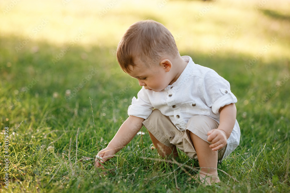 Happy adorable baby boy sitting on the grass in the park on summer day. Child in trendy and cute clothes Happy adorable baby boy sitting on the grass in the park on summer day. Child in trendy and cute clothes