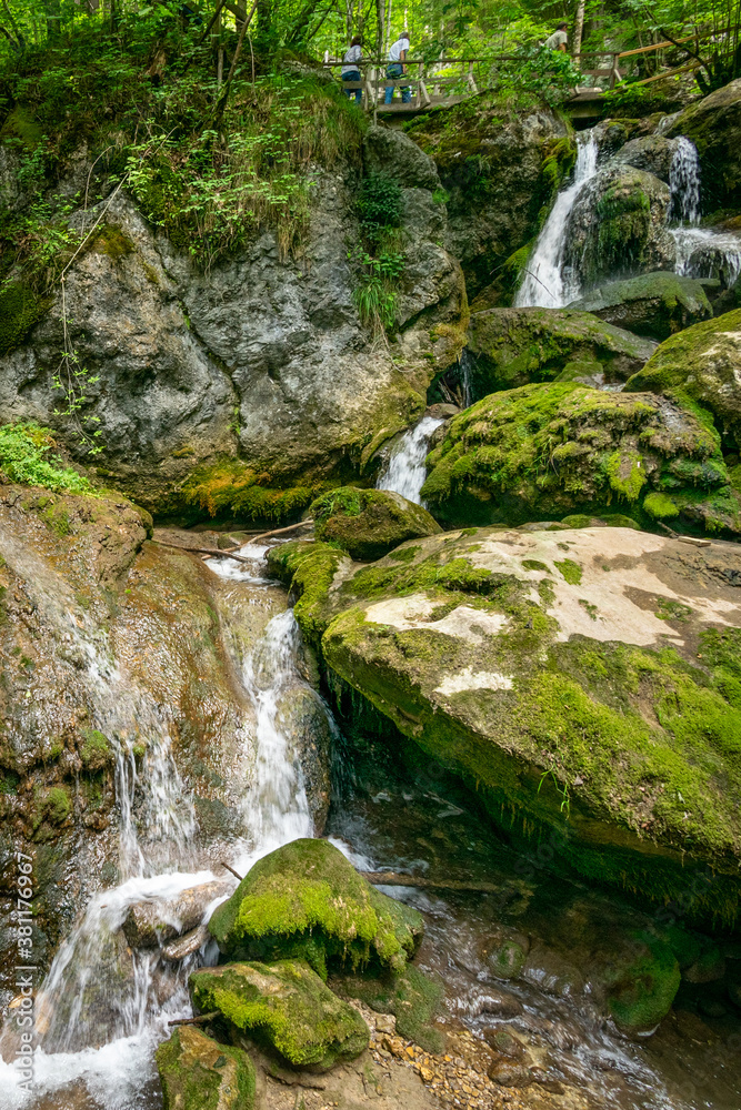 Wooden walking bridges and majestic waterfalls in water land of Myra Valley. Lower Austria, 9th July 2020. Wooden walking bridges and majestic waterfalls in water land of Myra Valley. Lower Austria, 9th July 2020.