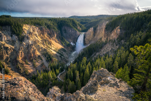 Fotografie, Obraz lower falls of the yellowstone national park at sunset, wyoming, usa