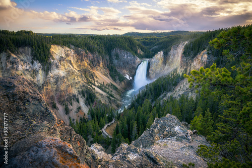 lower falls of the yellowstone national park at sunset, wyoming, usa