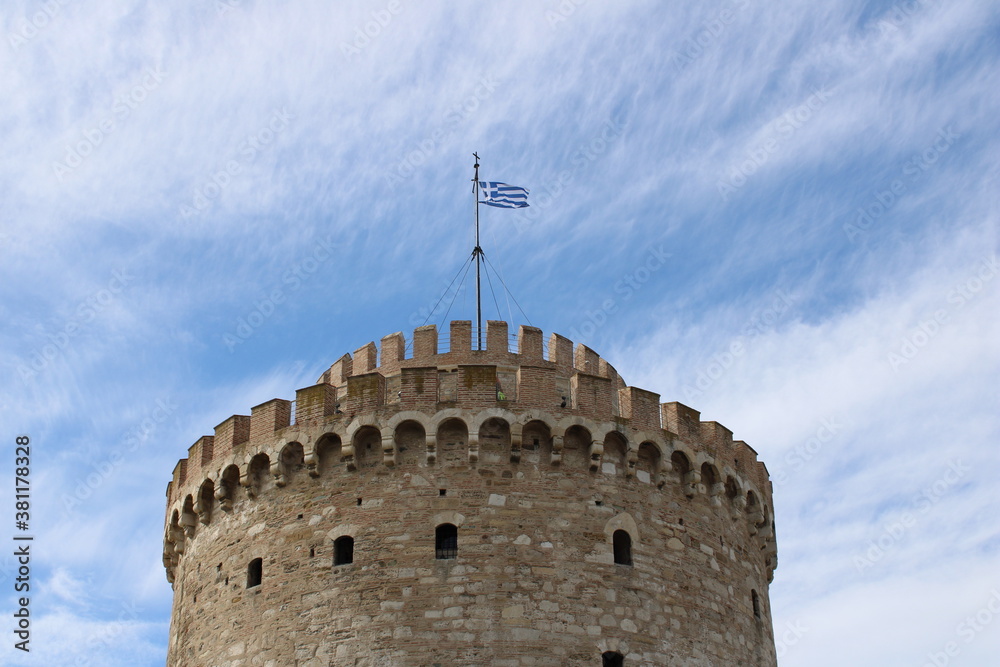 The White Tower fortress in Thessaloniki with blue sky
