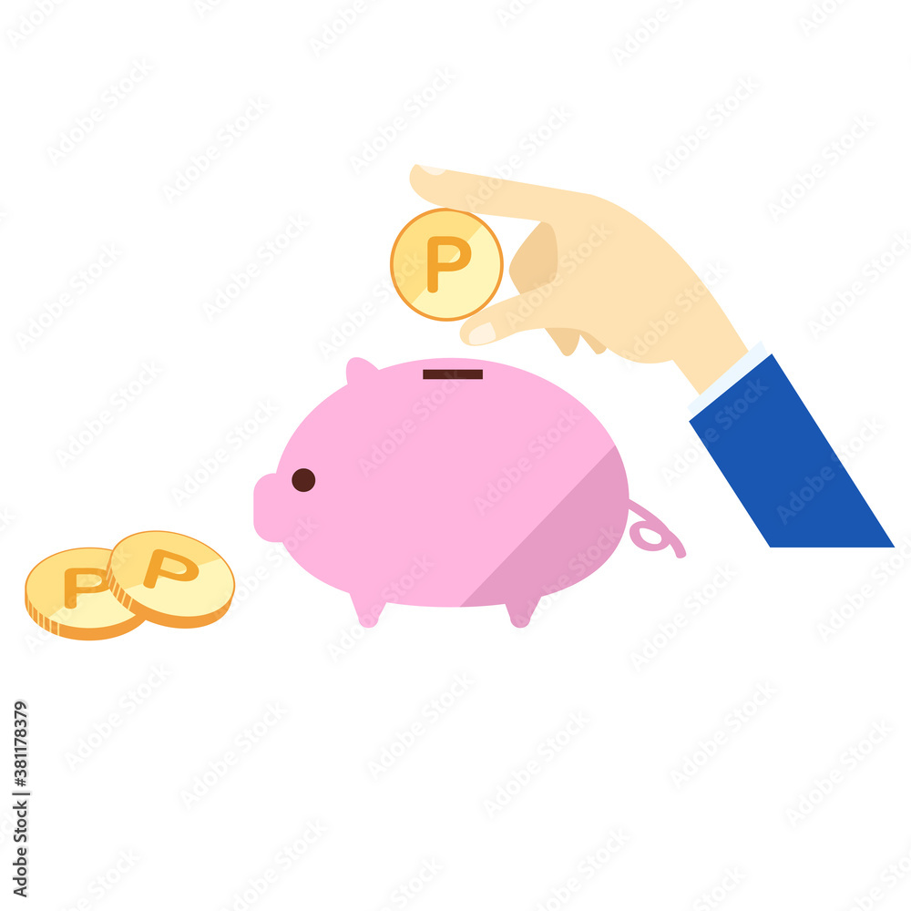 Obraz premium ブタの貯金箱にコインを入れようとしている手