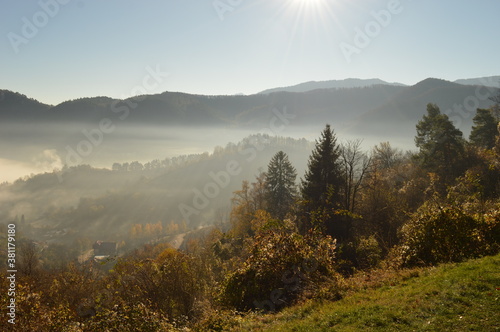 The dramatic and misty mountain landscape in Transylvania, Romania