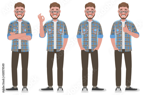 Set of Handsome Smiling Bearded Man in Various Positive Body Positions. Flat Vector Illustration.