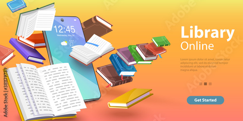 Mobile Library, Reading Books Online, Distance Education. 3D Isometric Flat Vector Conceptual Illustration.