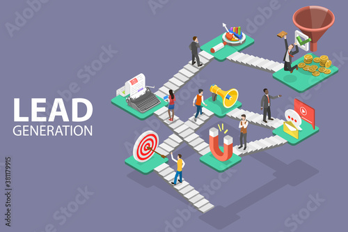 Lead Generation Strategy. Marketing Process of Conversion Rate Optimization and Generating Business Leads. 3D Isometric Flat Vector Conceptual Illustration.