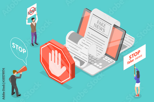 Stop Fake News. 3D Isometric Flat Vector Conceptual Illustration.