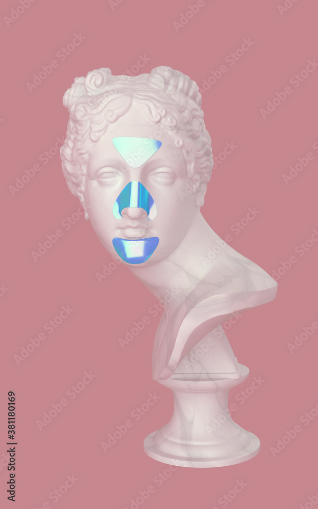 Skin Cleaning. Venus Italica (Bust) with blue multiple colored patches on forehead, nose and chin. 3d rendering illustration.