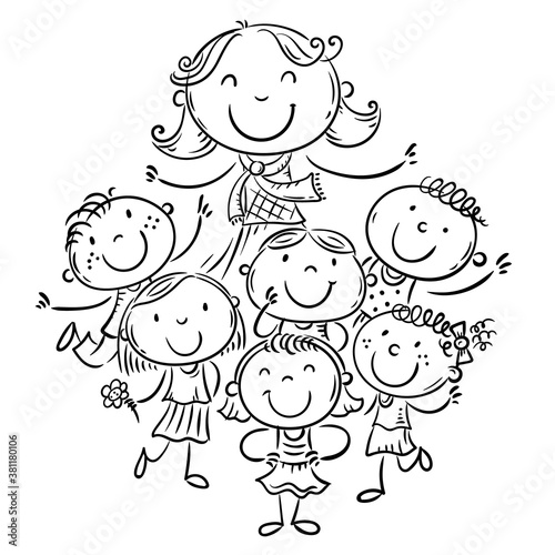 Happy schoolkids with their teacher, school or kindergarten illustration