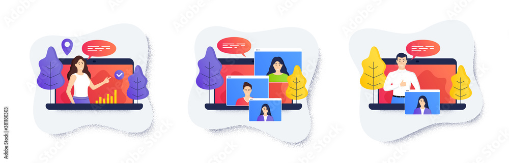 Online course education at home. Remote school class teacher. Video conference, online meetup, distance work icons. Training course, web consulting, zoom conference. Remote teamwork job. Vector Online course education at home. Remote school class teacher. Video conference, online meetup, distance work icons. Training course, web consulting, zoom conference. Remote teamwork job. Vector