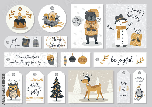 Set of modern hand drawn christmas gretting cards and tags with animals and other isolated elements. Vector illustration.