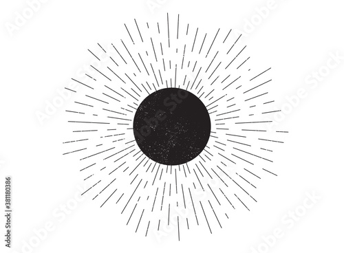 Vintage sunburst vector badge. Hand drawn retro starburst element. Linear sun rays design. Abstract moon with dirty grunge pattern. Firework explosion burst. Starburst, sunburst rays. Vector