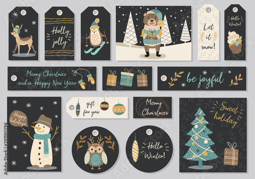 Set of modern hand drawn christmas gretting cards and tags with animals and other isolated elements. Vector illustration.