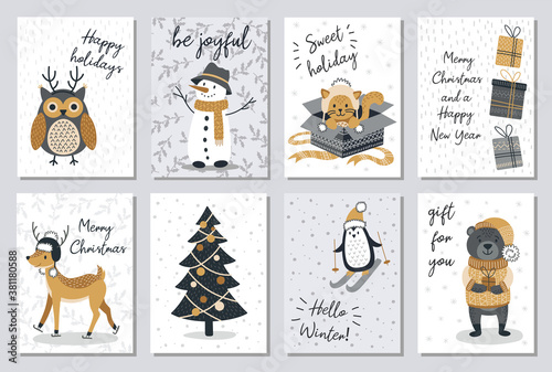 Set of modern hand drawn christmas gretting cards animals and other isolated elements. Vector illustration.
