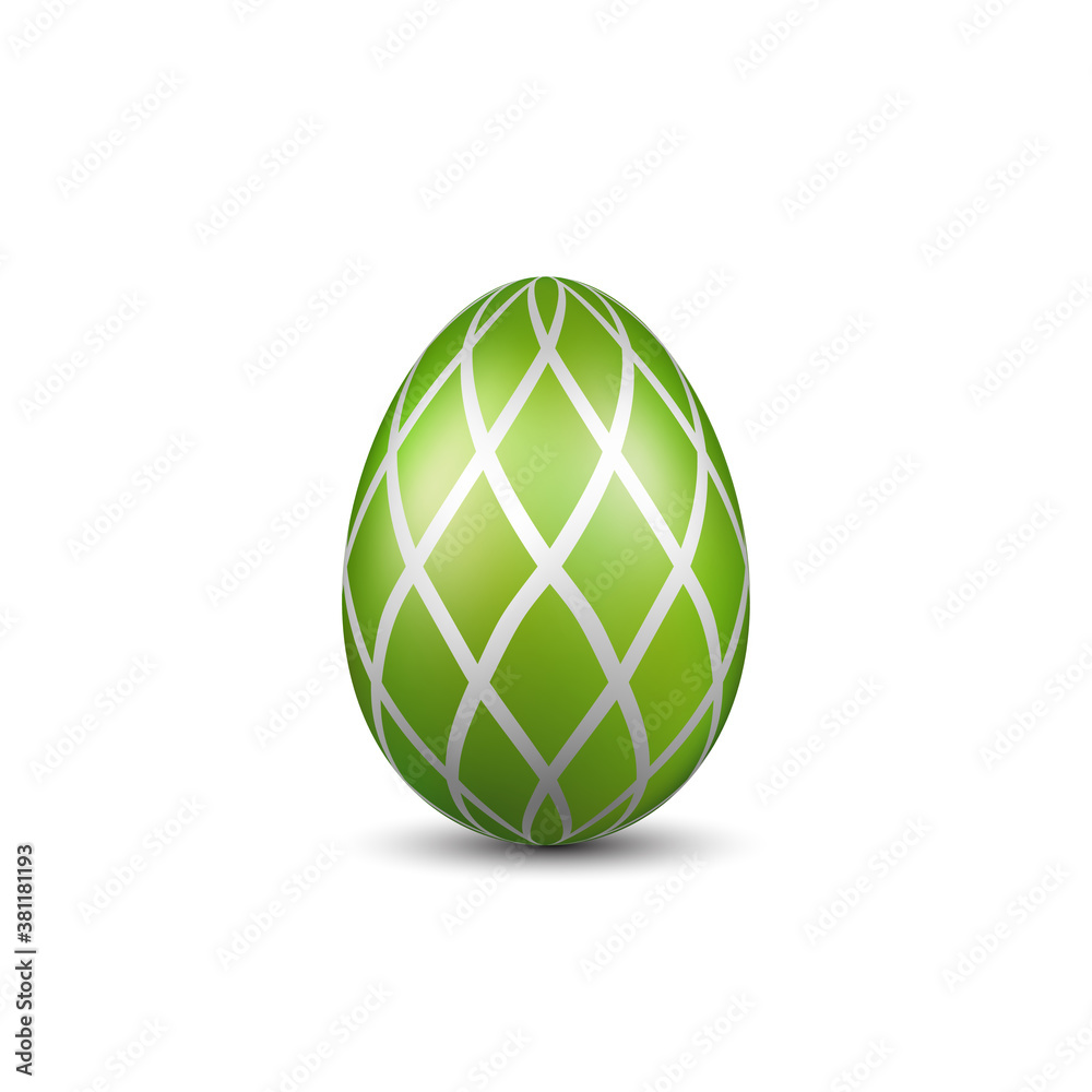 Easter egg 3D icon. Green color egg, isolated white background. Bright realistic design, decoration for Happy Easter celebration. Holiday element. Shiny pattern. Spring symbol. Vector illustration