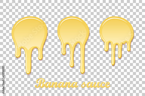 Banana sauce drip 3D set. Sweet milk cream, splash drops, isolated white transparent background. Tropical fruit splashing. Realistic syrup design. Drop dessert. Berry dripping. Vector illustration
