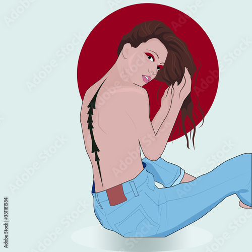 beautiful girl with long hair sitting in jeans vector illustration