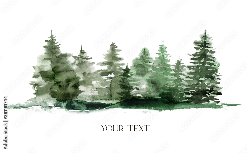 Watercolor winter foggy evergreen forest. Hand painted fir trees illustration isolated on white background. Holiday clip art for design, print, fabric or background. Christmas card. - obrazy, fototapety, plakaty 
