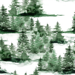 Papier peint photo Paysage patrons Sapins enneigés aquarelle hiver festif  © yuliya_derbisheva