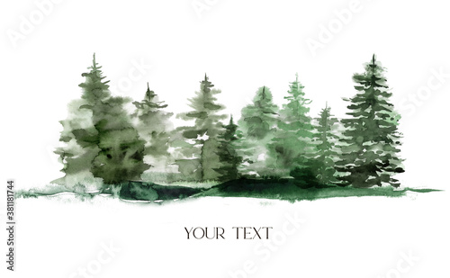 Watercolor winter foggy evergreen forest. Hand painted fir trees illustration isolated on white background. Holiday clip art for design, print, fabric or background. Christmas card.