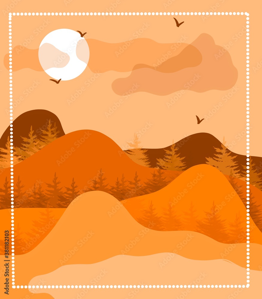 Vector wallpaper with a landscape, a mountain range, with animal