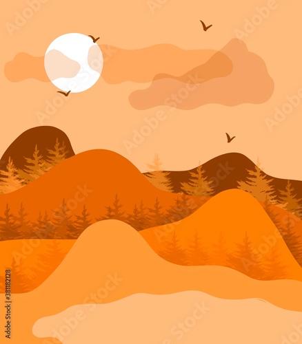 Vector wallpaper with a landscape  a mountain range  with animal