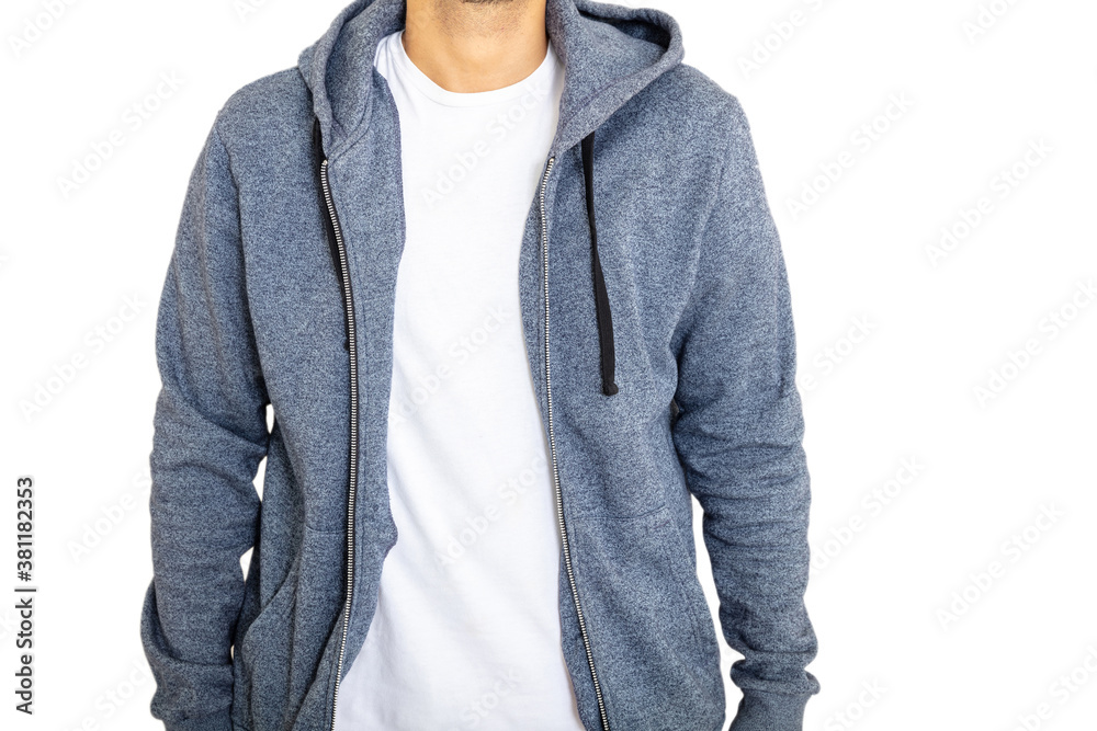 Body of adult young man is standing wearing hooded sweatshirt isolated on white background. Body of adult young man is standing wearing hooded sweatshirt isolated on white background.