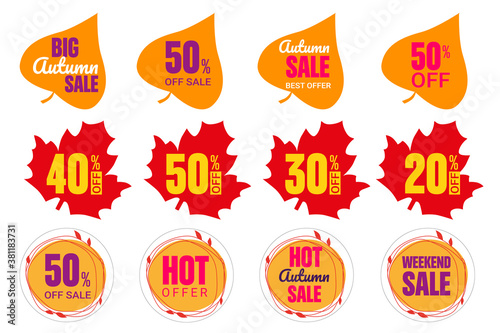 Set of autumn stickers in form of fall leaves. Vector elements for 50%, 40%, 30%, 20% discount tags, promotion stickers, lables, flyer, banner, button and poster design isolated on white background.