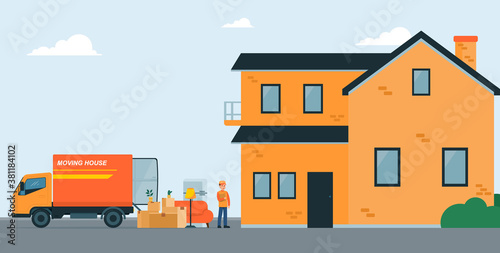 Moving into new House Concept. Man with cardboard boxes and furniture. Things in Box in Truck set. Moving Furniture with Transport. Flat style Design, vector illustration