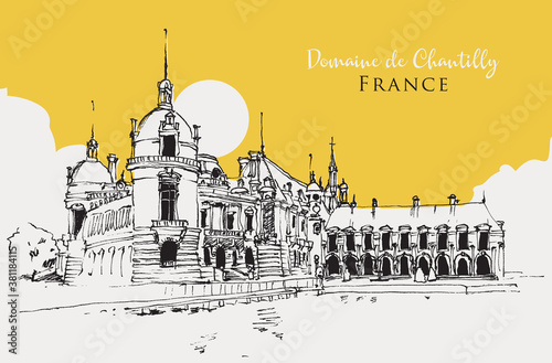 Drawing sketch illustration of the Domaine de Chantilly in France
