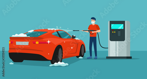 Vector concept for car washing service. A man in medical mask washes a car in a self-service car wash. Car wash service illustration