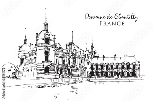 Drawing sketch illustration of the Domaine de Chantilly in France