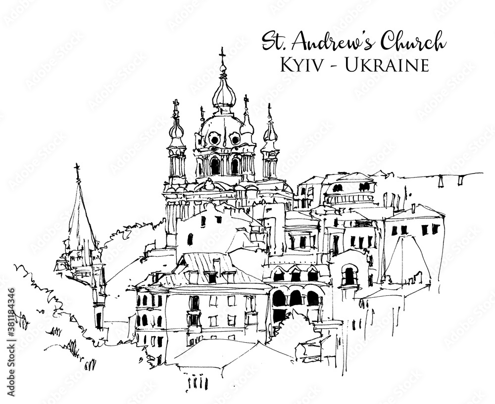 Drawing sketch illustration of St. Andrew's Church in Kyiv, Ukraine