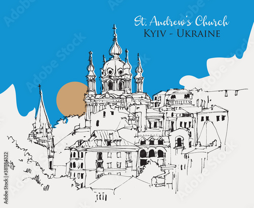Drawing sketch illustration of St. Andrew's Church in Kyiv, Ukraine