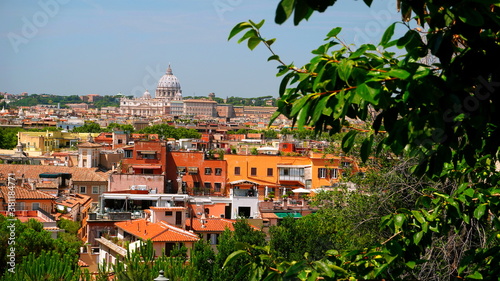 View of Rome from a terrace of Villa Borghese with the Vatican in the background, plants in the foreground and sunny day